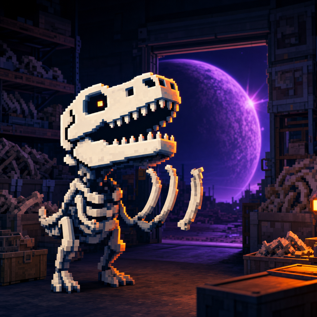 Bonino standing in the dim fossil store between bone crates, the purple planet glowing through the open door